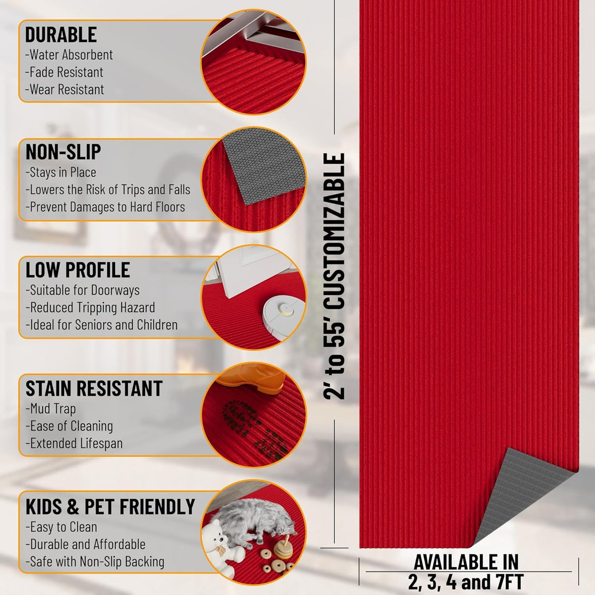 Ottomanson 2' x 9' Hallway Runner with Scraper Pile - Extra Durable Non-Slip Rug Mat for Indoor & Outdoor Use - Ideal for Kitchen, Entryway, Patio & Garage - High-Traffic Carpet, Red