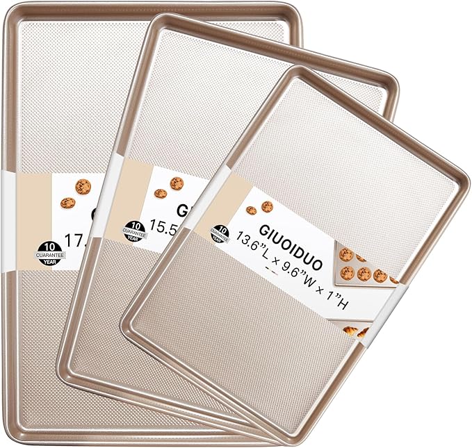 Baking Sheet Set of 3, Nonstick Heavy Duty Cookie Sheets for Oven - 13.6"×9.6"/15.5"×10.6"/17.5"×11.8" Warp-Resistant Carbon Steel Bakeware Trays, Champagne Gold, Dishwasher & Oven Safe