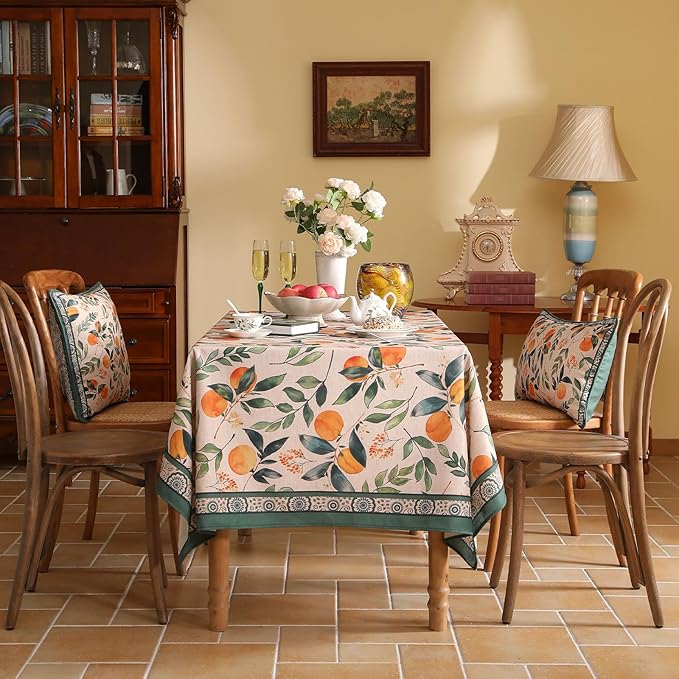 patdrea Designer Vintage Linen Rectangle Table Cloth,Framhouse Oranges and Leaves Pattern French Tablecloth,Fall Decor Cover for Kitchen Dining Christmas,Thanksgiving,63"x87"-Palladin a