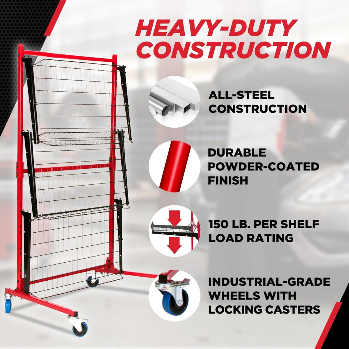 Champ® Parts Caddy Pro™ Auto Body Parts Rack Option 1 with Wheels, All-Steel Cart for Repair Shops and Garages, Locking Casters, 150 lb Capacity Per Shelf, Adjustable Shelves, Powder Coated - Red