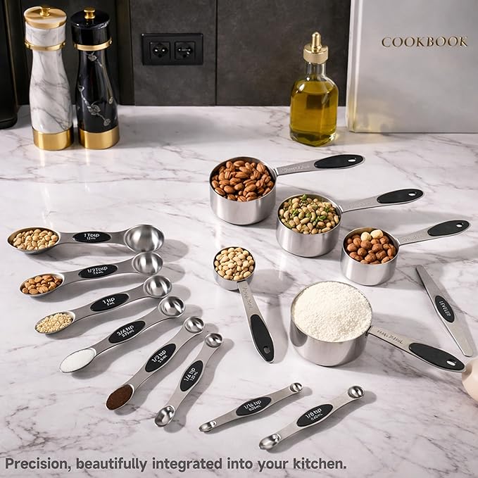 Magnetic Measuring Cups and Spoons Set, Strong N45 Magnets, 304 Stainless Steel, Double-Sided Measuring Spoons, 14-Piece Set with Leveler for Baking & Cooking