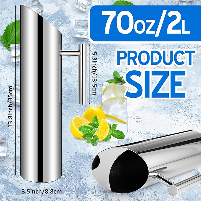 Funnymoom 6 Pack 70oz/2l Stainless Steel Water Pitcher Modern Metal Pitcher with Ice Guard Silver Carafe Drink with Handle or Iced Hot Drink Tea Juice Coffee Beer