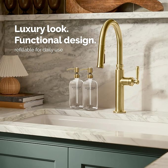 Vine Creations Clear Glass Soap Dispenser Set, Dish Soap and Hand Soap Dispenser Set with Stainless Steel Pump, 16 oz Glass Dispensers for Kitchen Bathroom Decor (Clear Bottle/Brushed Brass Pump)