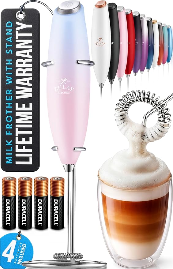 Zulay Kitchen Powerful Milk Frother Wand With 4 AA Duracell Batteries - Ultra Fast Handheld Drink Mixer - Electric Whisk Foam Maker for Coffee, Lattes, Cappuccino, Matcha & Creamer - Lavender Blush