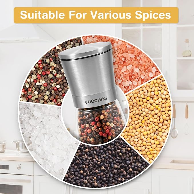VUCCHINI Salt and Pepper Grinder Set - Adjustable Stainless Steel Spice Ceramic Grinders Mill Shaker for Kitchen Table - Stainless Steel color