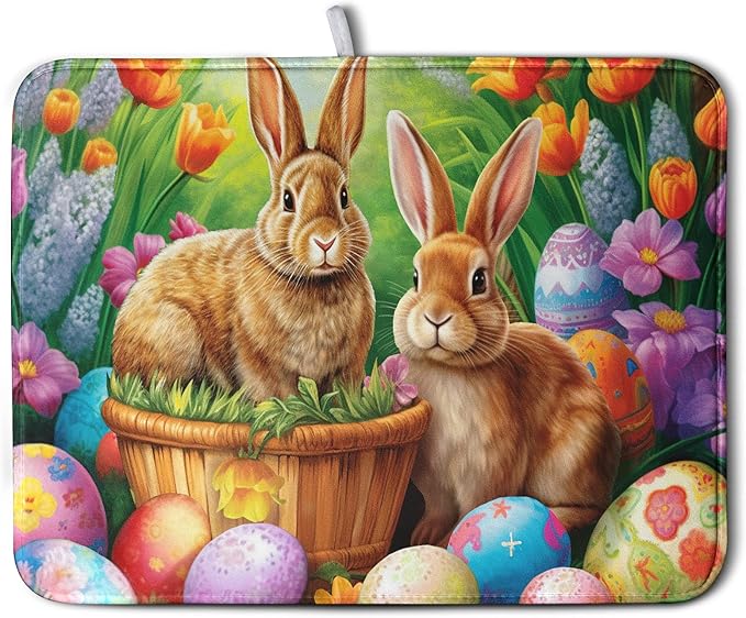 Easter Bunny Eggs Dish Drying Mat for Kitchen Counter, Tulip Floral Flower Drying Mat Spring Summer Holiday Dish Mat Drying Kitchen Mat Absorbent Kitchen Drying Mat for Sink 18x24Inch