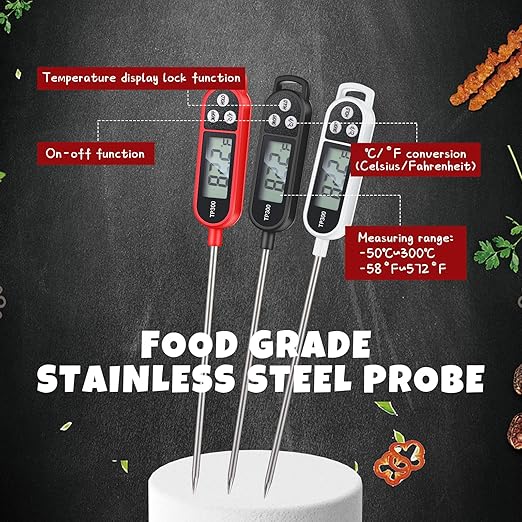 Copkim 12 Pcs Instant Read Meat Thermometer with Long Probe 9.65 Inch Kitchen Cooking Food Candy Waterproof Digital Thermometer for BBQ Water Milk Yogurt Liquid Cooking (Black,White,Red)