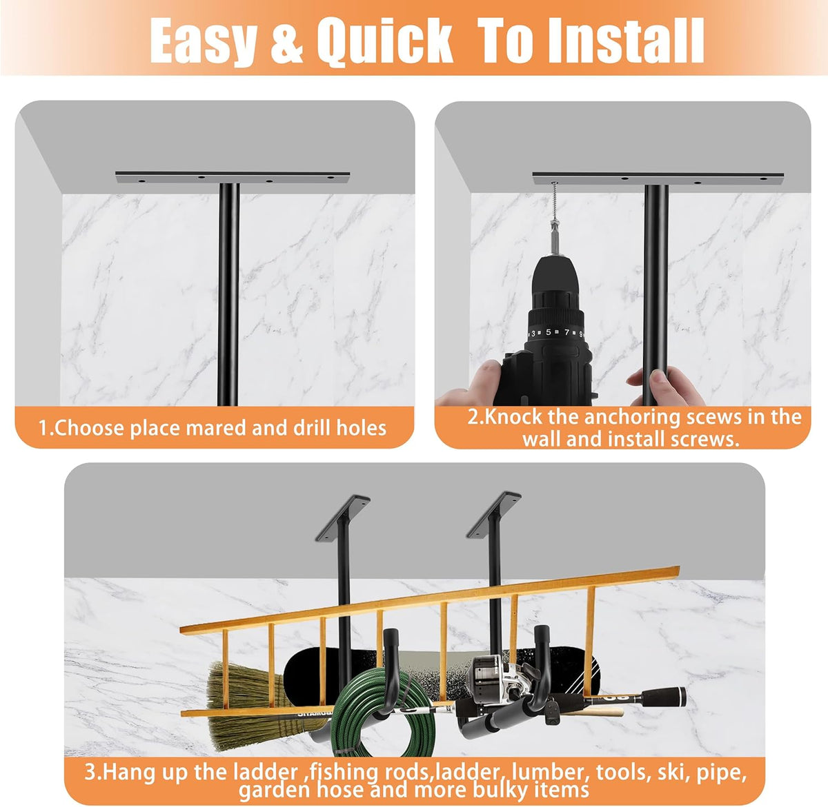 Sinoer Garage Storage Hooks Rack Ceiling,Wall Mounted Hooks, Heavy Duty Utility Hanger for Ladder,Hose Pipe,Wood, Tools & Other Bulky Items (2 Pack, Black)