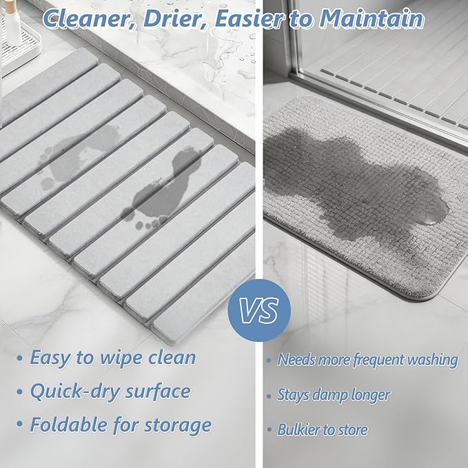 AWW Foldable Stone Bath Mat, Quick Dry Diatomaceous Earth Bath Mat with Non-Slip Mat, Super Absorbent, Easy to Clean, Compact for Small Bathrooms, 23.6 x 15.5, Light Grey