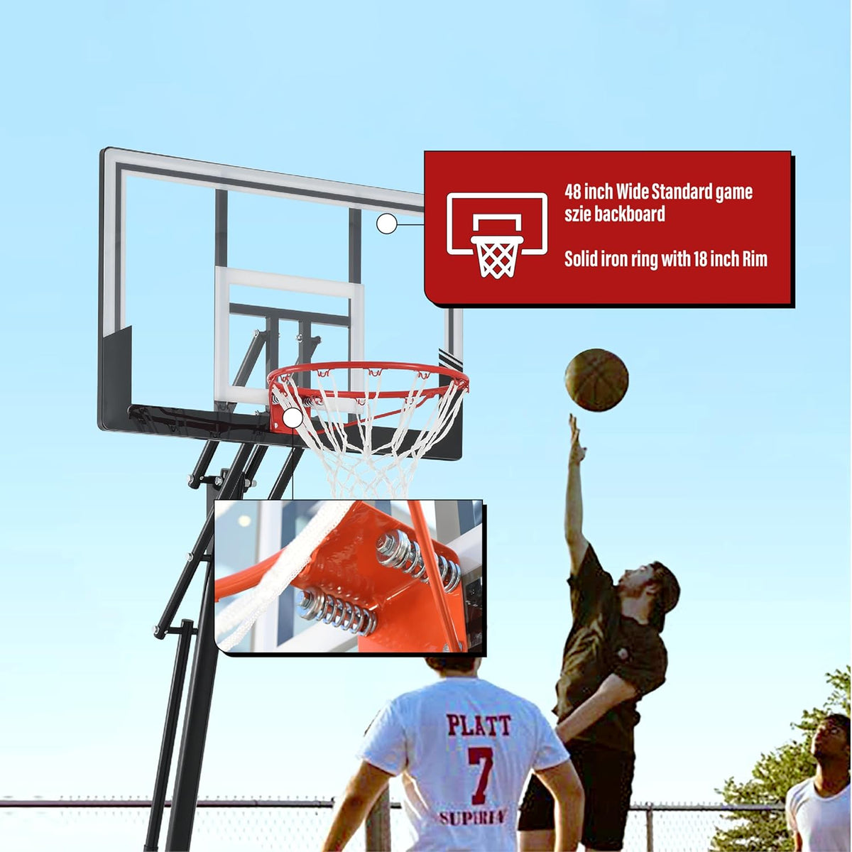 Basketball Hoop 44&48 Inch Backboard Portable Basketball Hoop Outdoor,5.3-10ft Stepless Regulation Crank Adjust Basketball Goal System