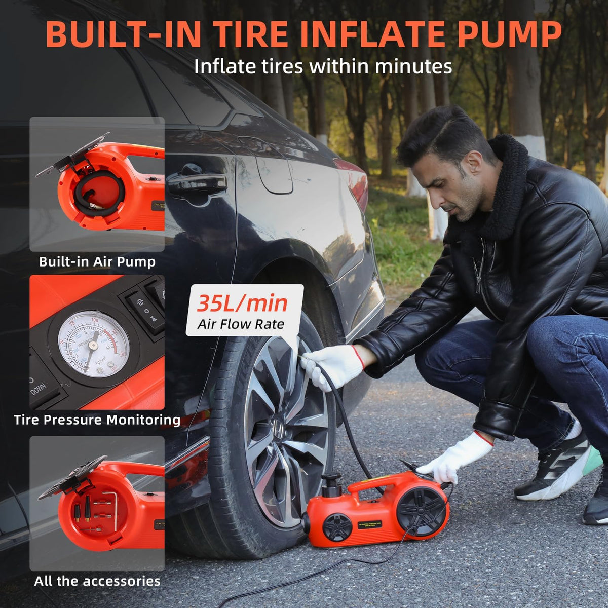 EFFIROSO Electric Car Jack for Carbon Steel Easy, 12V Hydraulic Floor Jack Kit with Impact Wrench Tire Inflator Pump SUV Emergency Lift 5Ton/11023Lbs Lifting Range 6.117.7 Incha