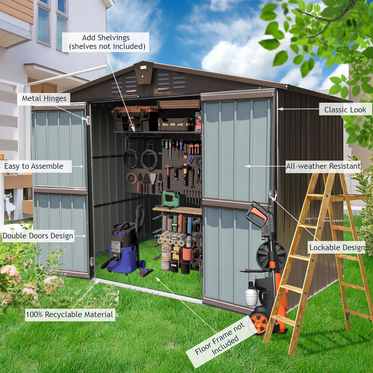 Domi Outdoor Storage Shed 8.2' x 6.2', Metal Steel Utility Tool Shed Storage House with Double Lockable Doors & Air Vents for Backyard Patio Garden Lawn Brown