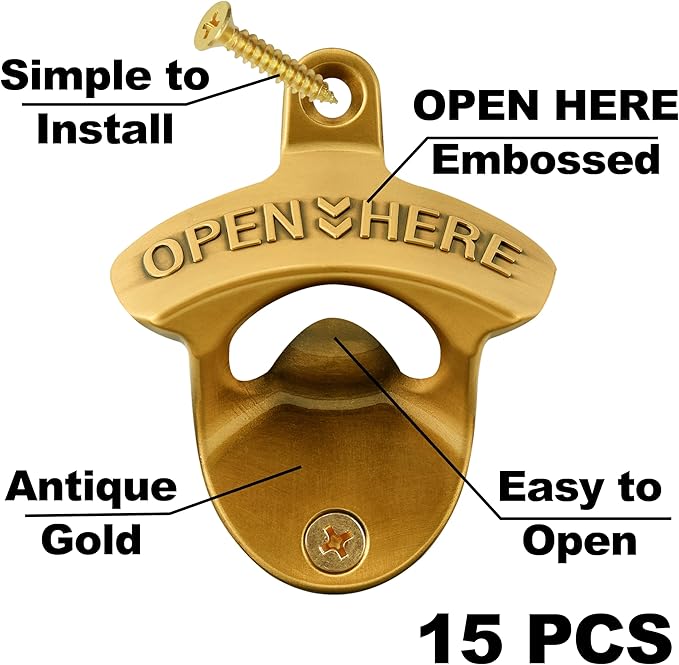 15 PCS Aged Gold Bottle Opener Wall Mounted Beer Cap Opener Mountable Bulk for Table Craft