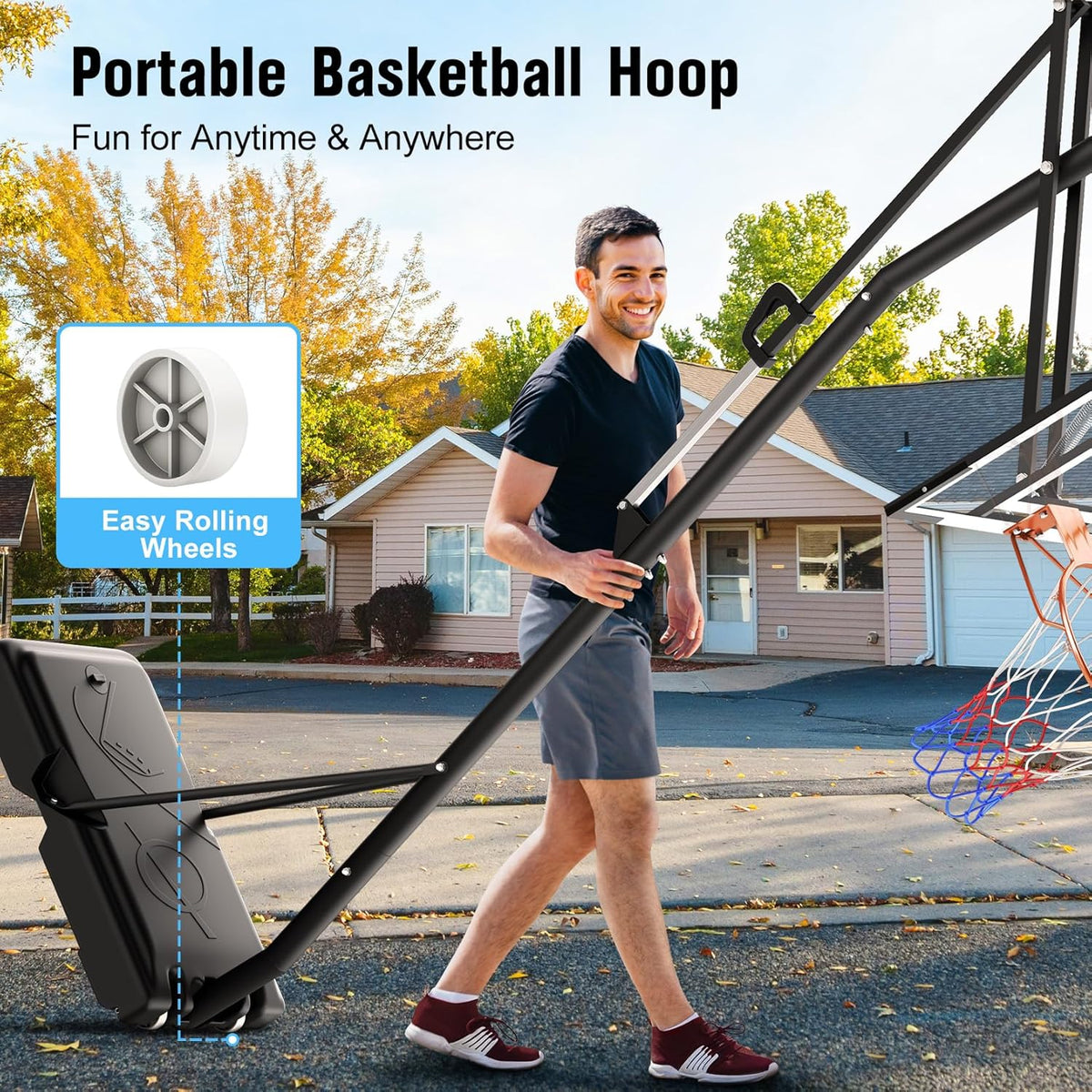 10FT Basketball Hoop Adjustable Easily, Portable Hoops & Goals Outdoor Basketball Goal System with PC Backboard and Wheels for Teens Youth Adults