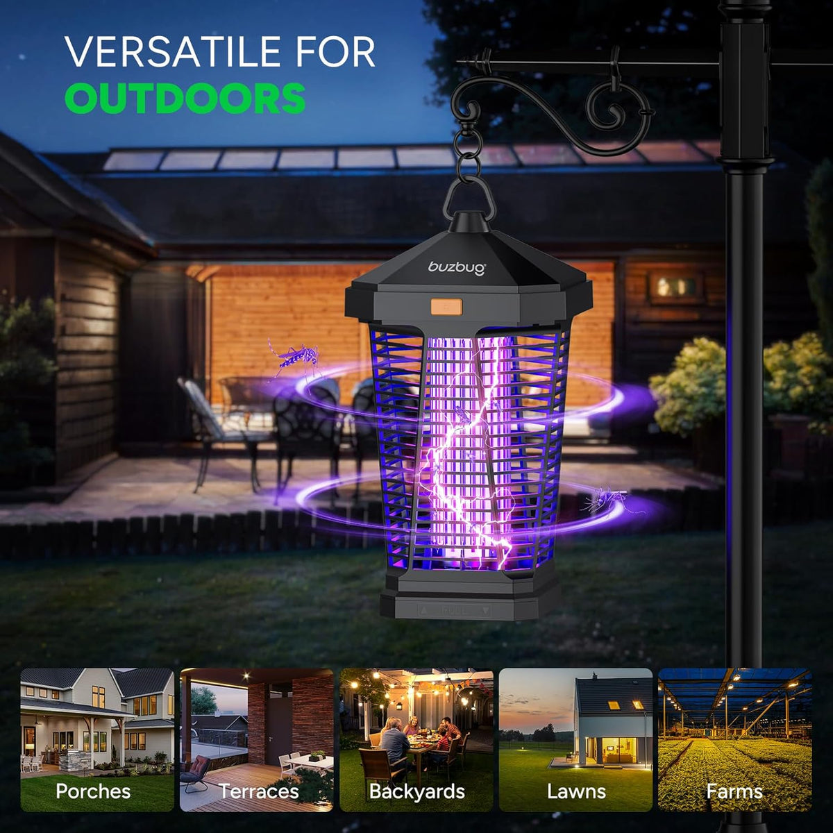 Buzbug LED Bug Zapper Outdoor and Lighting, 10 Years Lifespan, IPX4 Waterproof, 3800V High-Voltage, Fireproof Shell, 6.5ft Power Cord, Fruit Fly Mosquito Moth Gnat Wasp Zapper, Trap, Killer -MA20