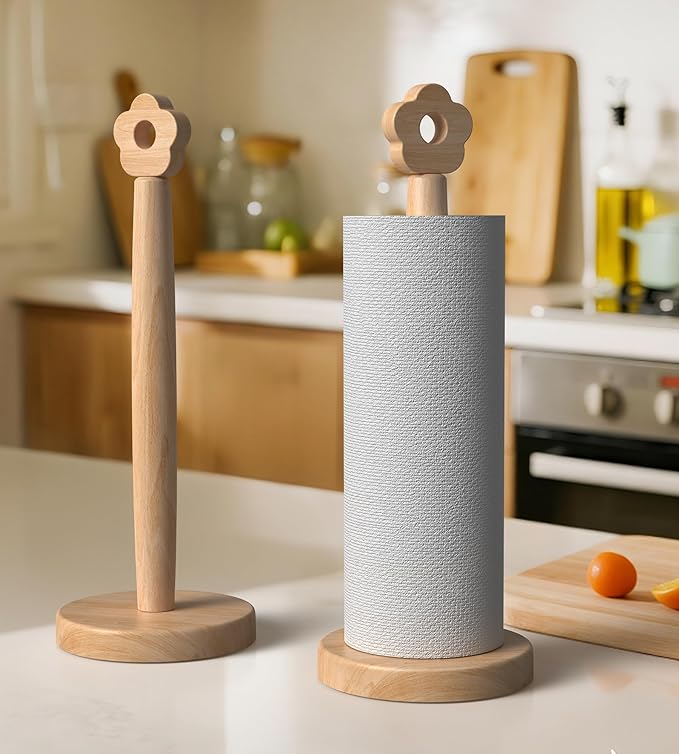 KitchLife Cute Wooden Paper Towel Holder for Countertop with Weighted Base – Solid Freestanding Paper Towel Stand Dispenser with Anti-Slip Base, Flower Top