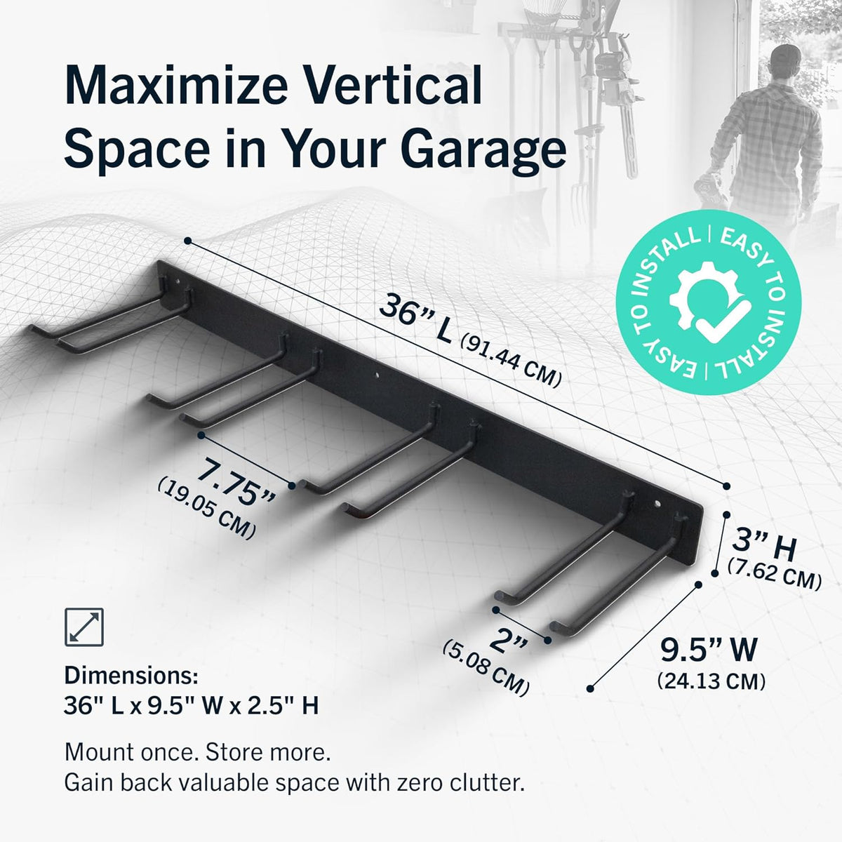 StoreYourBoard Wall-Mounted Rack With 4 Garage Hooks – Heavy-Duty Steel Holder Garage & Garden Storage for Shed, Workshop, or Home Organization – For Rakes, Shovels, Tools & More – 1 Pack, Black