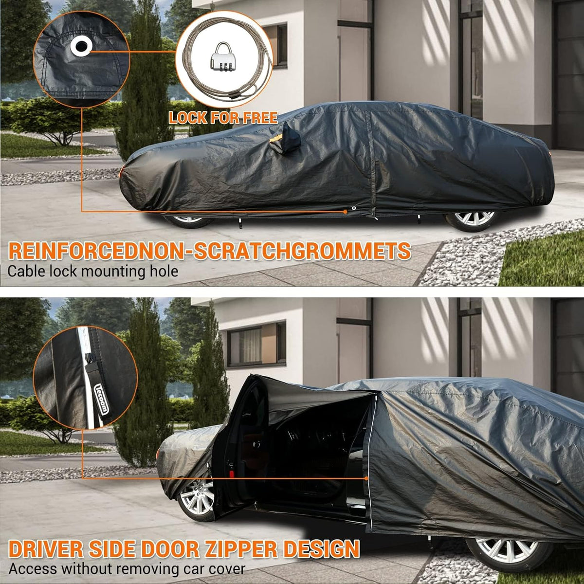 Tecoom All Weather Fleece Lining Car Cover - Windproof, Sun UV Protection, Waterproof, Hail Protector, Zipper Door, Sedan (170-190 Inch)