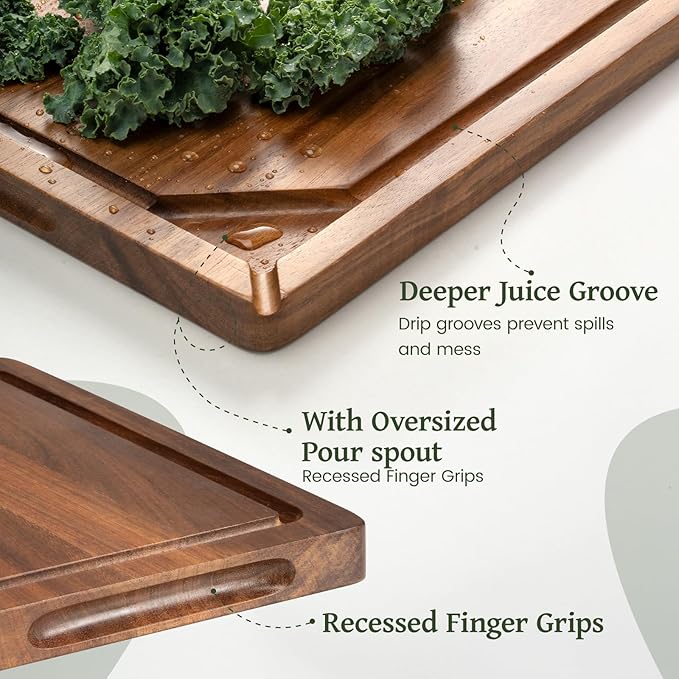 Kikcoin Acacia Wood Cutting Boards for Kitchen, Wooden Cutting Board, Chopping Board with Built-In Compartments and Juice Groove, Solid Charcuterie Board Serving Tray Wood Butcher Block, 17" x 11.8"