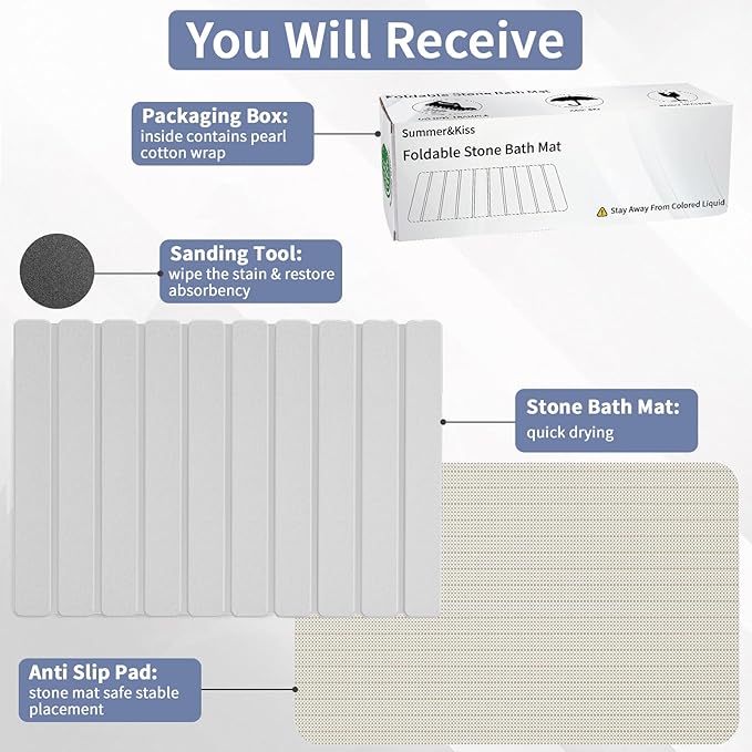 Foldable Stone Bath Mat, Quick Dry Stone Drying Mats for Bathroom, Super Absorbent Bath Mat, Non Slip, Large Diatomaceous Earth Dish Drying Mats for Kitchen Counter 23.5 x 15.4in, White