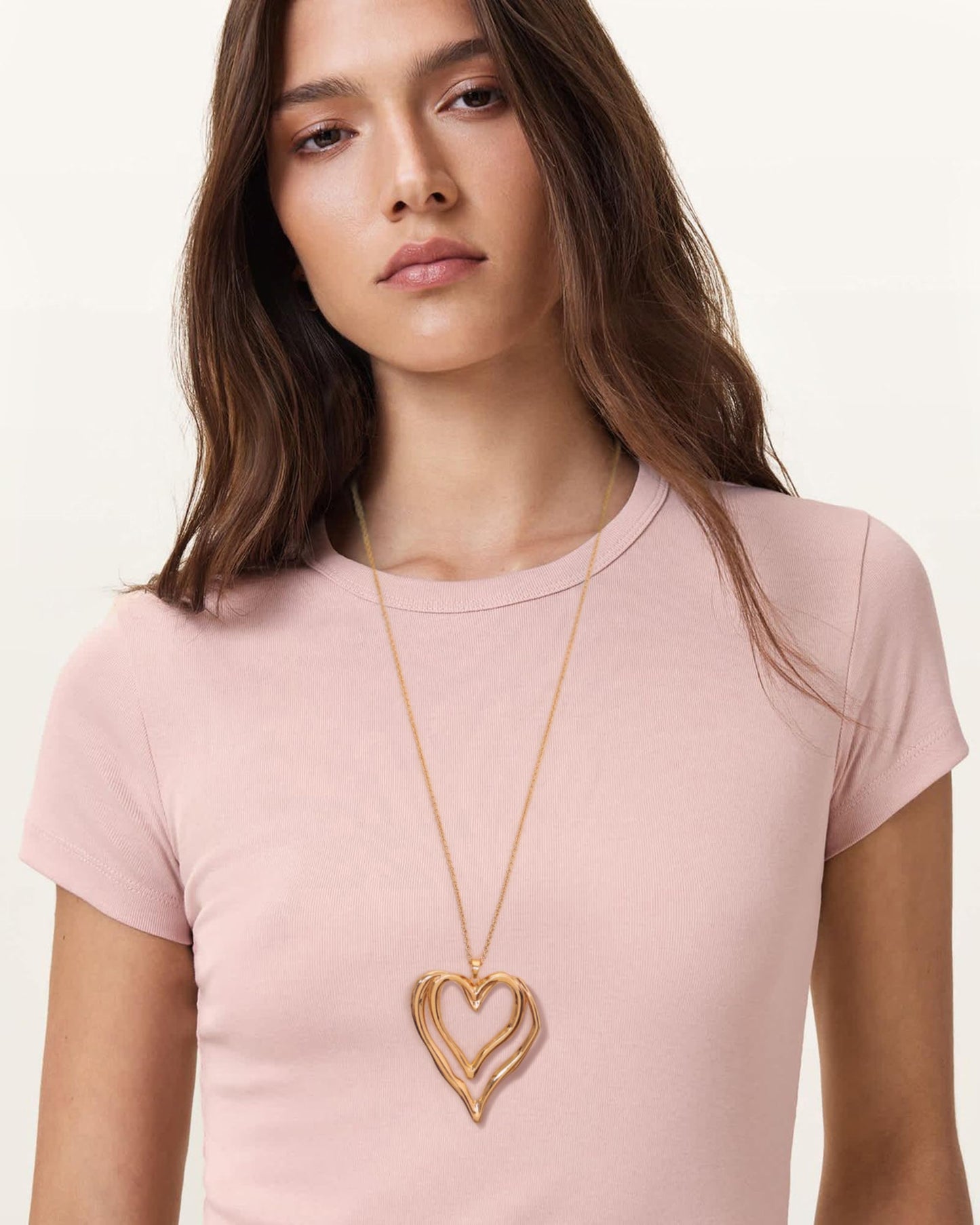 CANEVINKA 18K Gold Plated Cute Heart Necklace for Woman Long Sweater Chain Necklace Charm Open Heart Pendant