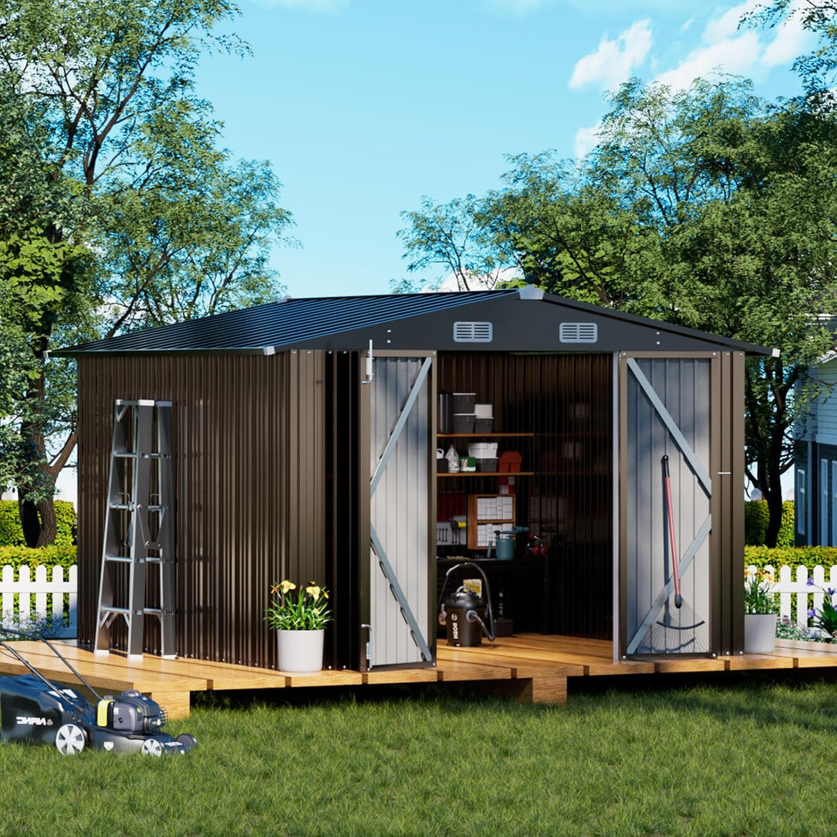 COMHOMA Shed Outdoor Storage Shed Metal,Lockable Doors Tool Sheds with Sloping Roof,Steel Garden Shed with Air Vent for Backyard,Patio,Lawn,Poolside (Brown, 10'*10')
