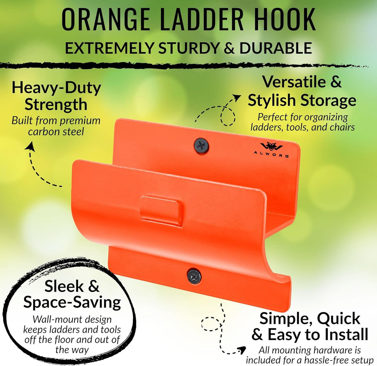 Orange Garage Storage Hooks - Heavy Duty Ladder Wall Mount, Wheelbarrow Hanger, Tool Holder, Hanging Brackets for Ladders, Folding Chairs