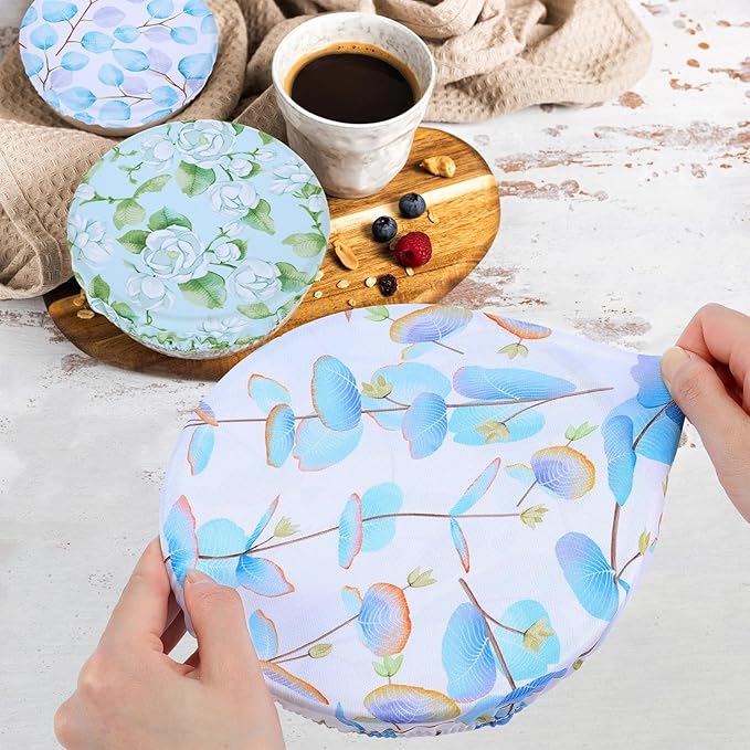 5 Pieces Bowl Covers Reusable, 5 Size Elastic Cloth Bowl Covers for Bread Proofing, Food Covers Washable for Food Fruits Leftover (Eucalyptus Leaves)