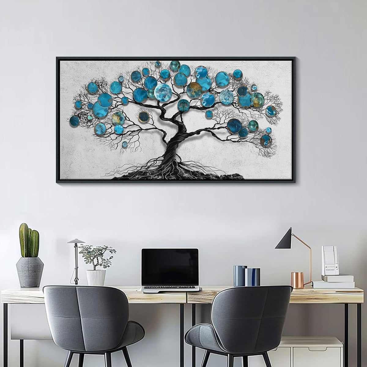 CHATYOUNG Wall Art Living Room - Large Art Teal Blue Tree Abstract Landscape Modern Paintings Black Framed Artwork for Bedroom Dining Room Office Kitchen Home Decor 58"x29"