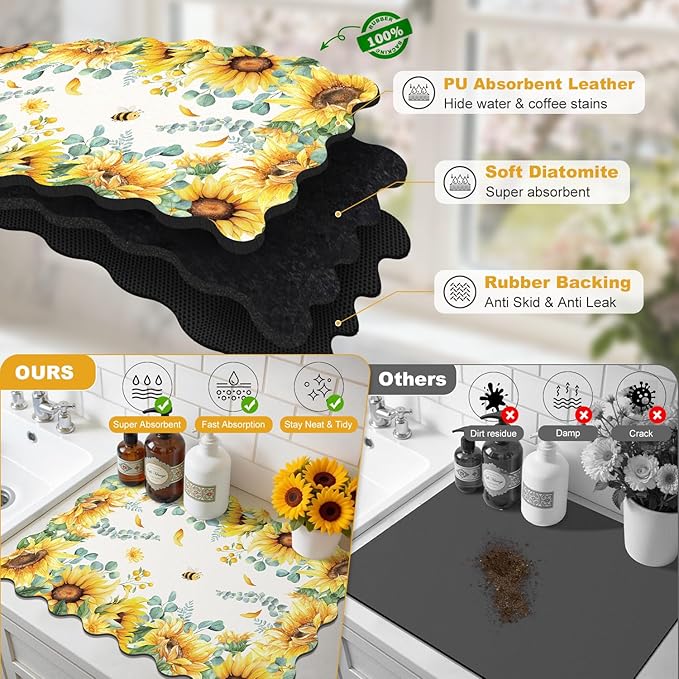 LOKHOM Scalloped Floral Dish Drying Mat, 17"x32" Super Absorbent Coffee Mat with Watercolor Yellow Sunflowers, Cuttable Hide Stain Non-slip Drying Mat for Kitchen Counter Coffee Maker Espresso Machine