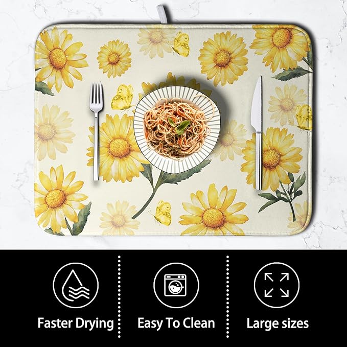 Yellow Sunflower Dish Drying Mat for Kitchen Counter Summer Daisy Floral Dishes Pad Farmhouse Flower Dish Draining Microfiber Absorbent Dish Drainer Rack Mat Large Extra Large 18x24 Inch