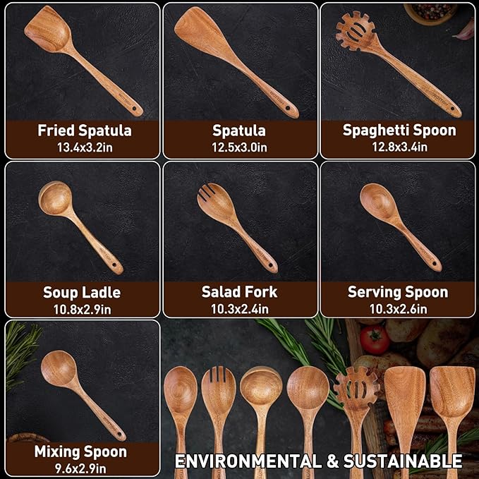 Wooden Utensil Set,WOTTISH 7Pcs Nonstick Wood Spatula,Wooden Kitchen Utensils Set Non Toxic,Wooden Spoons for Cooking（A07）