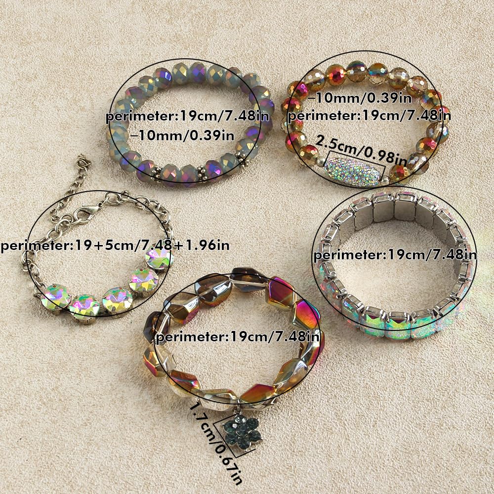 Yomisa Boho Bracelets for Women,Multilayer Wrap 5PCS Bling Colorful Beaded Bracelets Handmade Shiny Stackable Friendship Stretchy Beads Bracelets Set Punk Trendy Bohemian Jewelry Gift