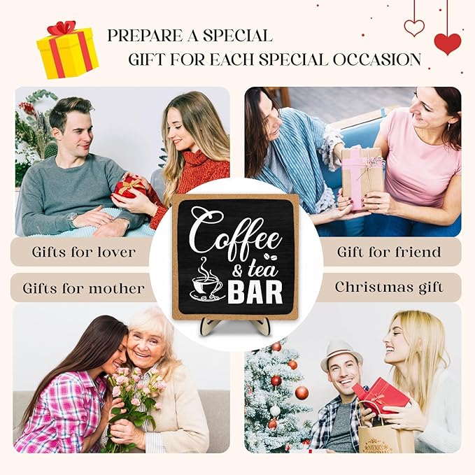 Coffee Bar Sign Plaque Decor,Cafe Station Accessorie for Office,Rustic Wooden Tabletop Plaque with Stand, Minimalist Farmhouse Kitchen Counter Sign ,Cute Mini Café Bar Decor Gift ,Coffee & Tea Bar Decor Signs 5.9x5.9Inch (Black&Grown)