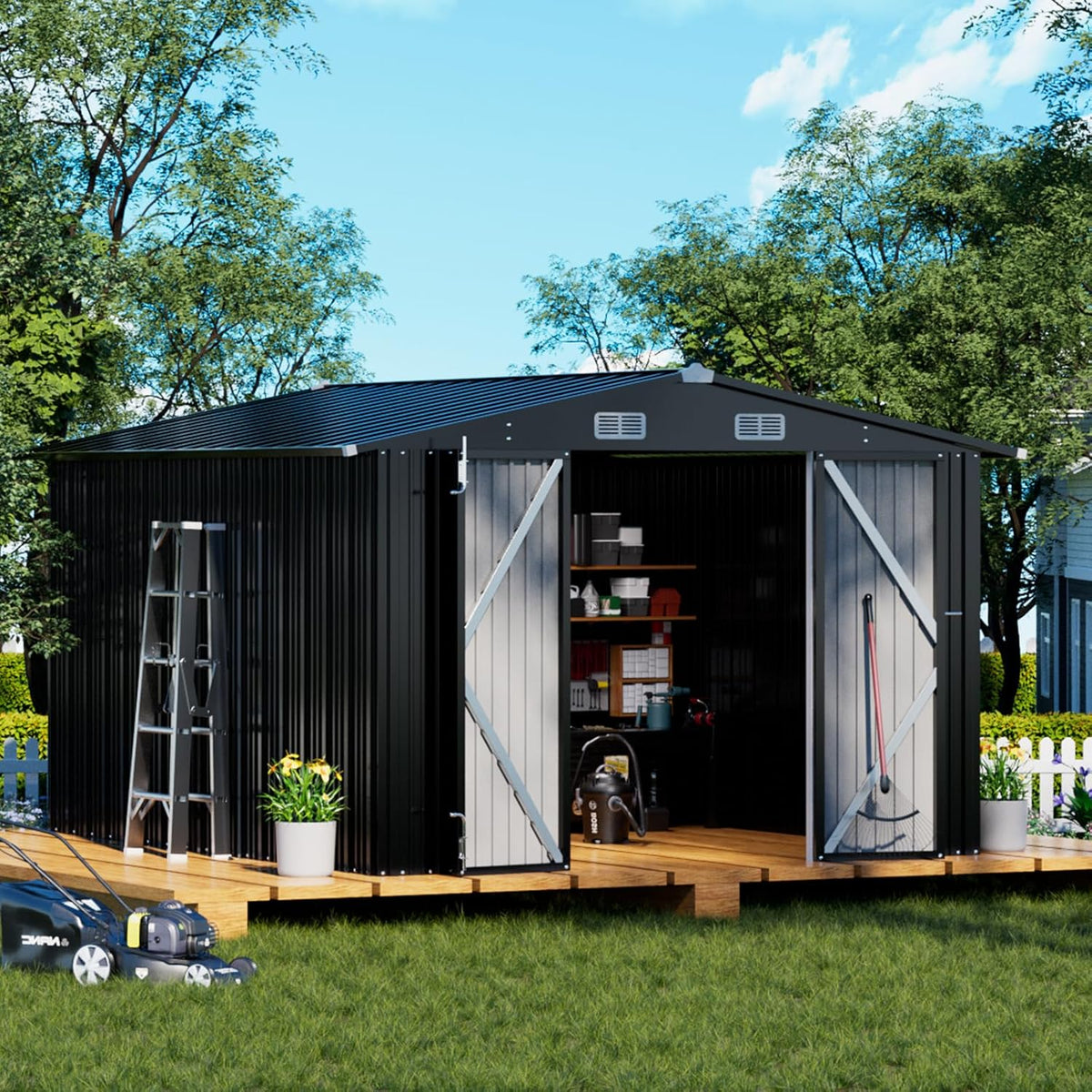 COMHOMA Shed Outdoor Storage Shed Metal,Lockable Doors Tool Sheds with Sloping Roof,Steel Garden Shed with Air Vent for Backyard,Patio,Lawn,Poolside (Grey, 10'*12')