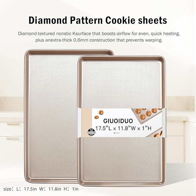 GIUOIDUO 2 Pack Half Sheet Baking Pans,Commercial Quality Baking Sheet Pan Set,Carbon Steel Cooking Pans, Non Stick Baking Sheet for Oven,Large Thick Cookie Tray Pans for Baking（17.5 * 11.8 * 1inch）