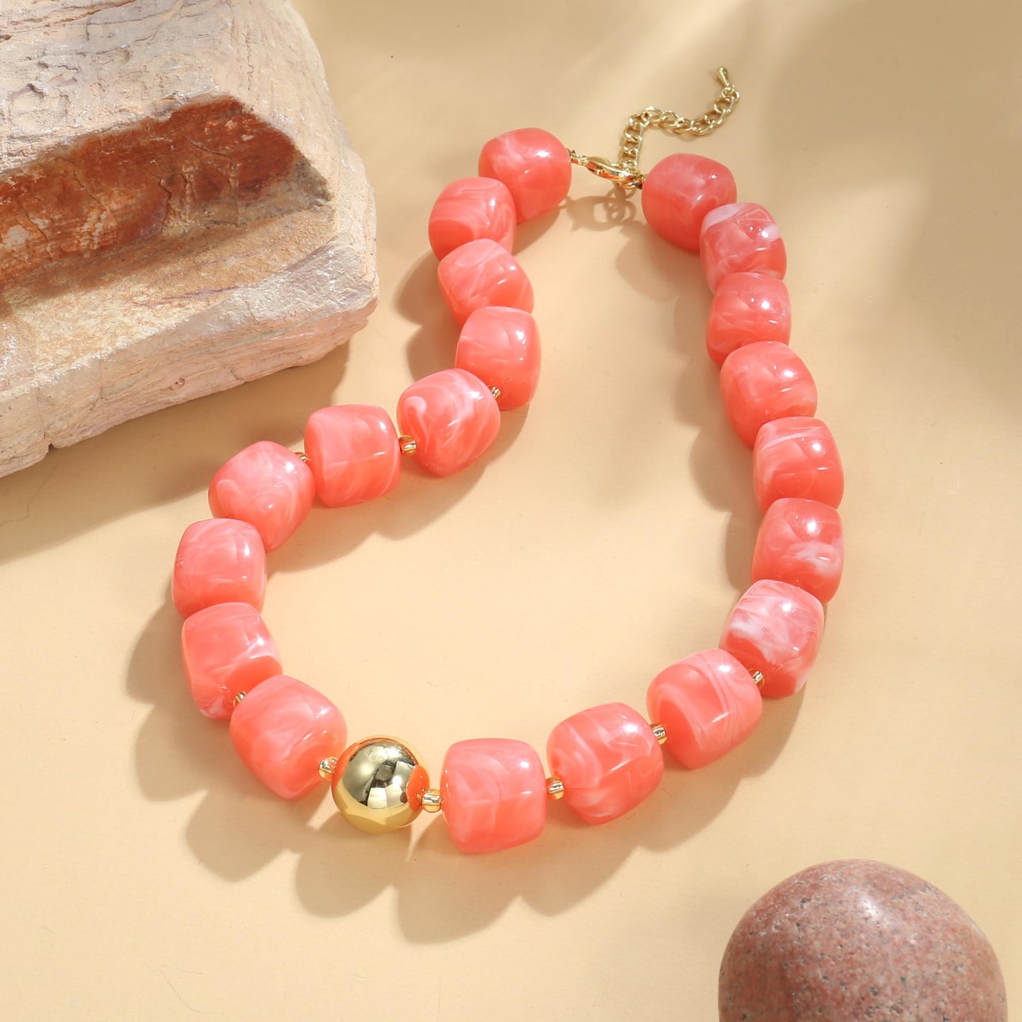 BREPINE Watermelon Red Pink Chunky Necklaces for Women Multicolored Large Square Resin Beads Necklace Trendy Bold Statement Beaded Summer Candy jelly Vacation Choker