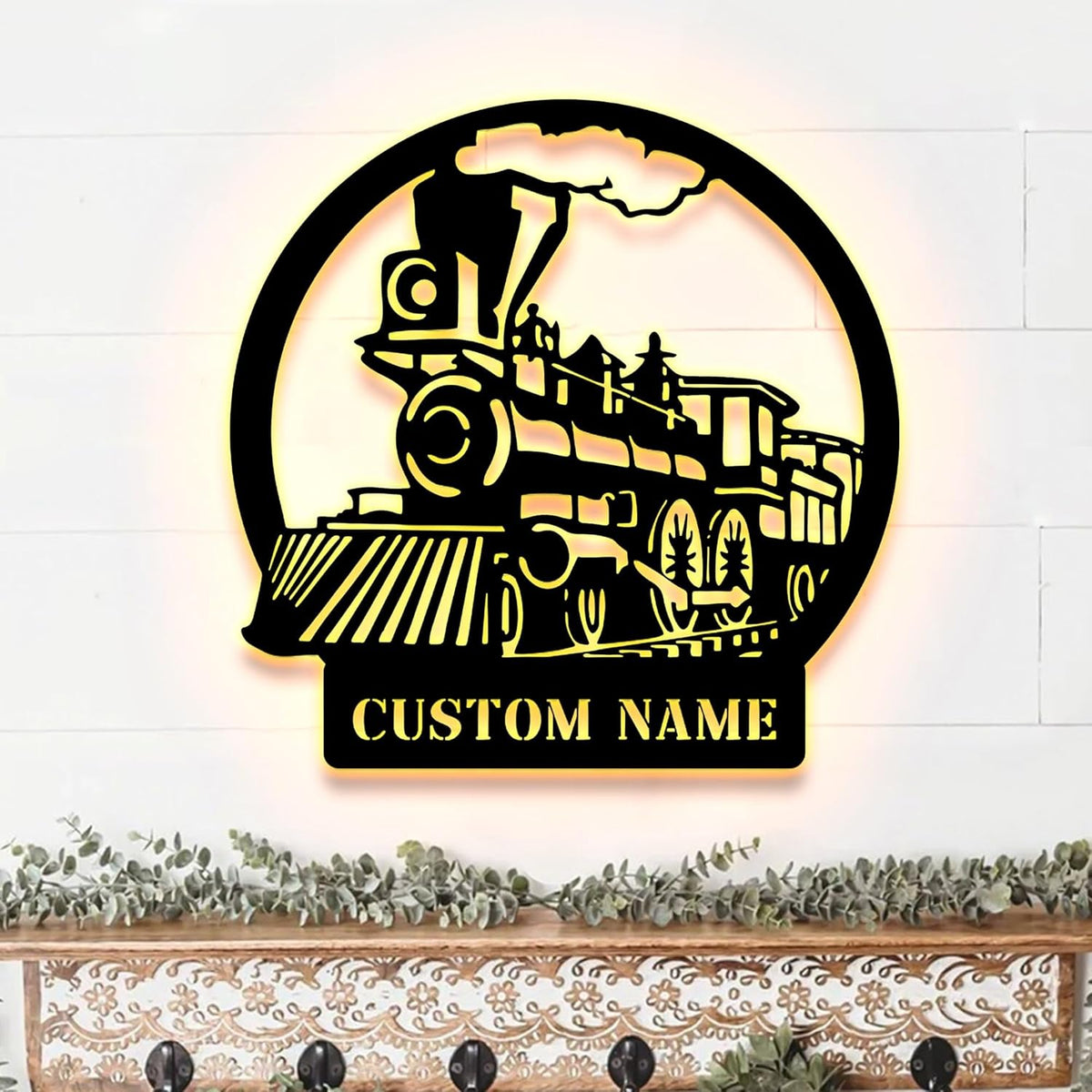 Personalized Metal Sign With LED Light, Train Room Decor, Railroad Wall Art, Custom Steam Train Home Decoration
