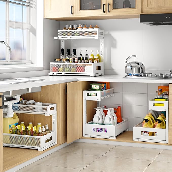 1 Pack-11.4"-16.14"H Under Sink Storage Organizer, Large 2-Tier Elegant Mesh Pull Out Shelf for Kitchen and Bathroom Cabinet Organization, L-Shaped and Adjustable Height Design for Maximum Space-White