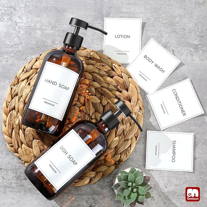 GMISUN Amber Glass Soap Dispenser, 4 Pack Bathroom Hand Soap Dispensers with Stainless Steel Flat Pump, 17 Fl Oz Kitchen Dish Soap Dispenser, Modern Vintage Liquid Brown Soap Dispensers Bottle Set