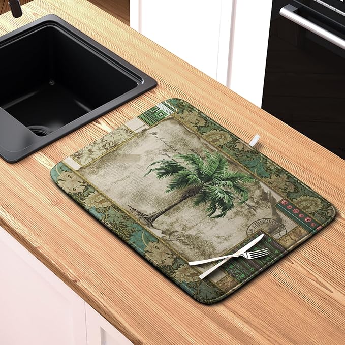 Palm Tree Kitchen Dish Drying Mat for Dishes 18x24 Inch Summer Vintage Tropical Leaves Green Jungle Plant Drying Mat Botanical Dish Drainer Mat Super Absorbent Dish Rack Pad for Coffee Bar Sinks