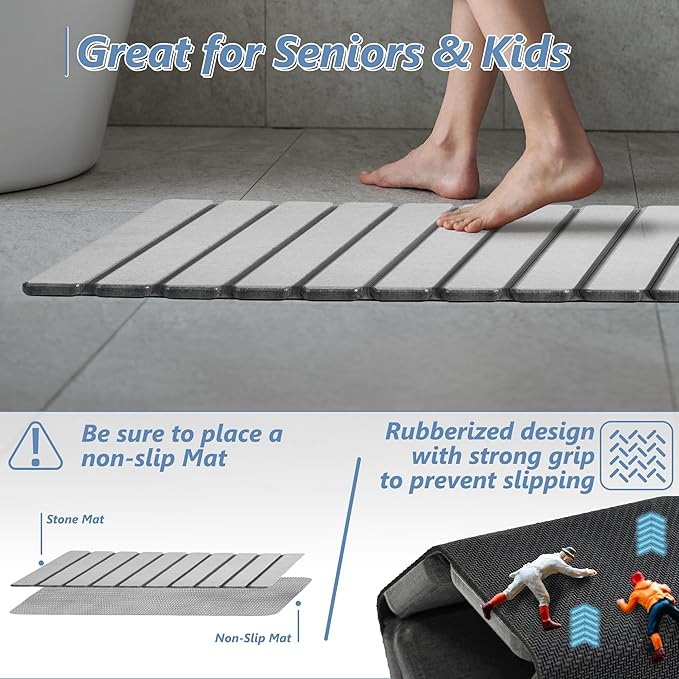 AWW Foldable Stone Bath Mat, Quick Dry Diatomaceous Earth Bath Mat with Non-Slip Mat, Super Absorbent, Easy to Clean, Compact for Small Bathrooms, 23.6 x 15.5, Light Grey