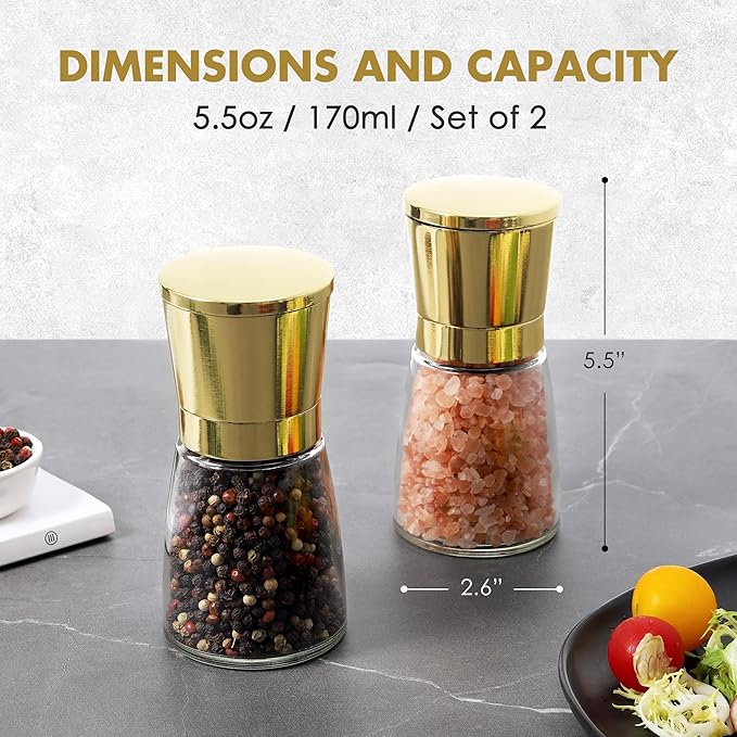 vzaahu Golden Salt and Pepper Grinders with Funnel, Brush - Adjustable Coarseness Shiny Gold Cap Seasalt Peppermill Set Refillable with Magnetic Lid, for Modern, Kitchen Decoration Gift
