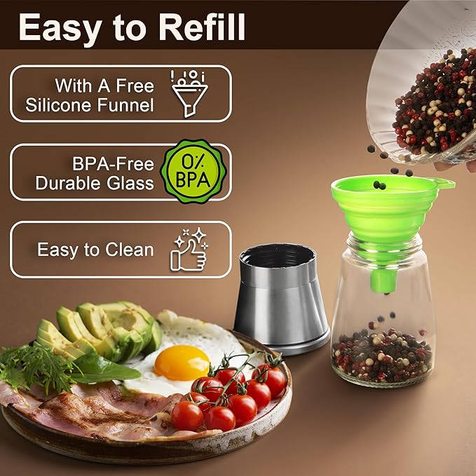 Stainless Steel Salt and Pepper Grinder Set of 2 - Pepper Mill & Salt Mill with Adjustable Coarseness - Glass Spice Shakers - Easy Clean Ceramic Grinders W/Funnel (2.6"W x 5.3"H)