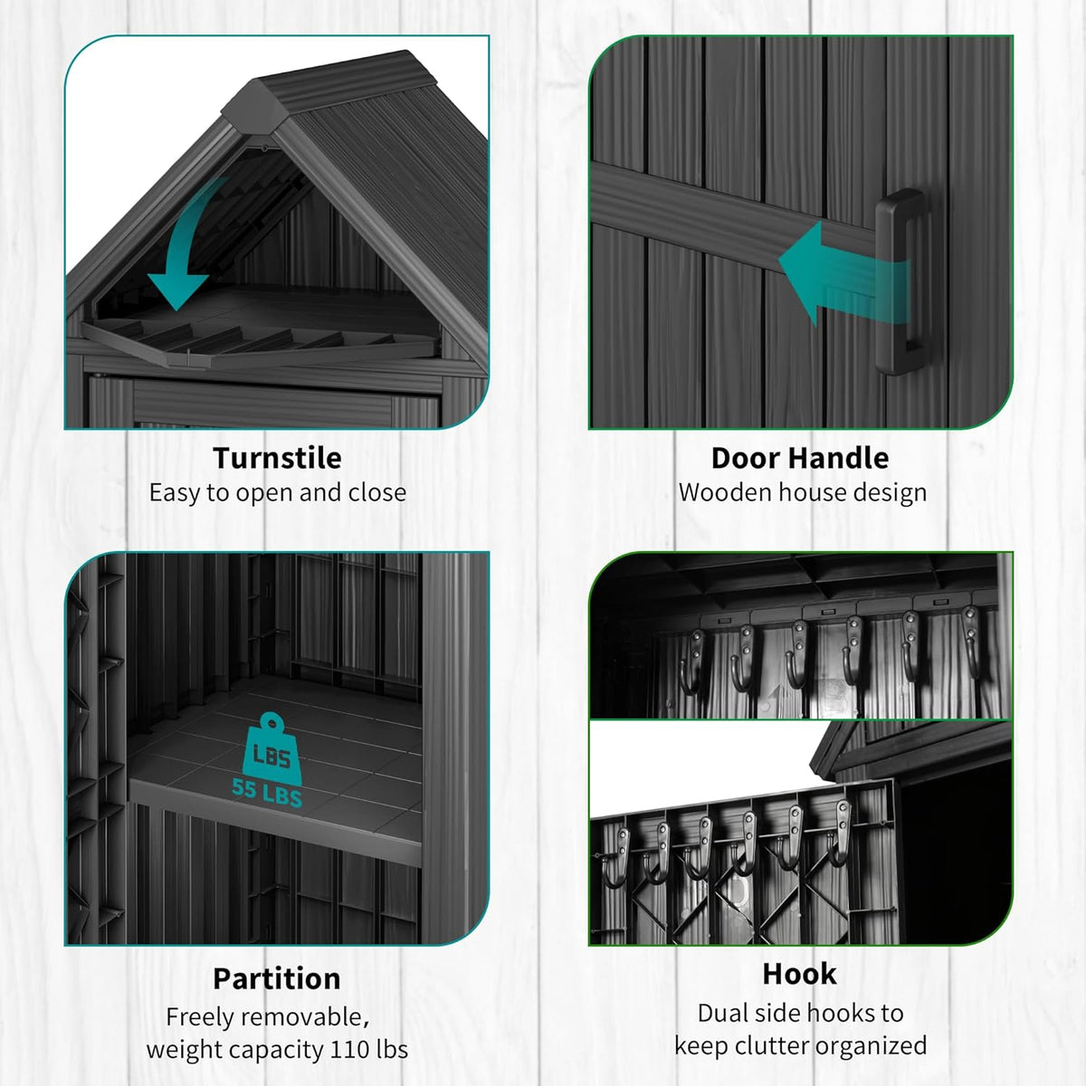 Shed Outdoor Storage Shed with Sloping Roof and Lockable Door, Resin Outdoor Storage Box Cabinet Waterproof and Multiple Hooks for Backyard, Patio, Poolside, Black