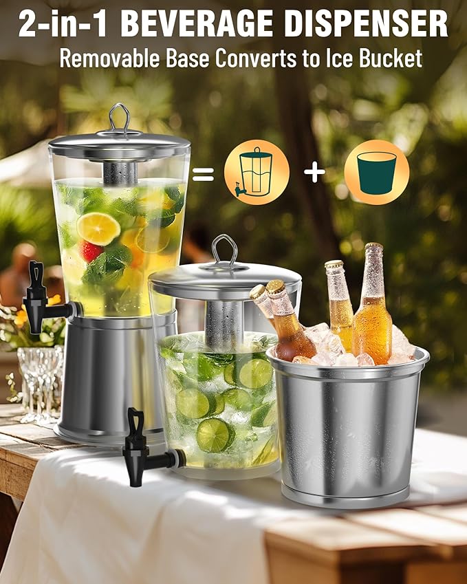 WantJoin Beverage Dispenser With Stand, Drink Dispenser for Party, Stainless Steel Water Dispenser with Ice Core, Spigot, Drink Jar Jug For Home Parties Lemonade, Clear Acrylic, 2-GALLONS 8 Liters