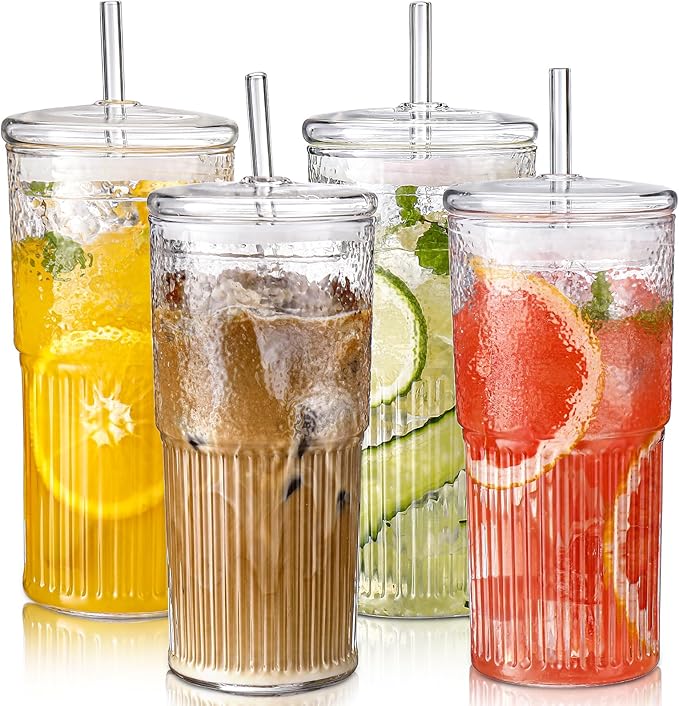 DWTS DANWEITESI Glass Cups with Lids and Straws 4 Pcs,20oz Glasses Drinking Set Vintage Textured Clear Iced Coffee Cups with Lids,Reusable Glass Tumbler with Straw and Lid for Coffee Bar Accessories
