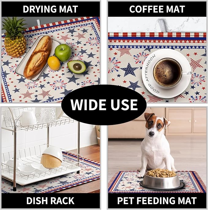 Happy 4th of July Patriotic Dish Drying Mat 18 x 24 Inch US Independence Day Vintage Star Kitchen Drying Mat Blue White Red Dish Drainer Mats Super Absorbent Dish Rack Pad for Coffee Bar Sinks