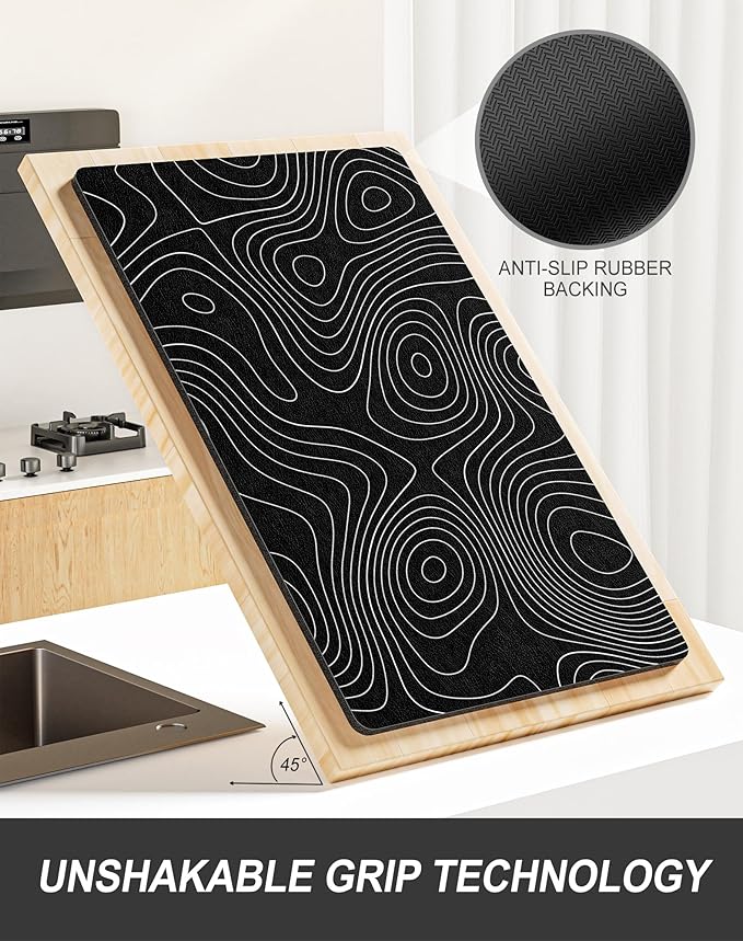 Rnivvi Dish Drying Mat for Kitchen Counter, XL 15 x 24" Cute Marble Super Absorbent Draining Pad, Non-Slip Heat Resistant Coffee Bar Mats for Coffee Machine Station Accessories, Line Art Dish Rack Pad