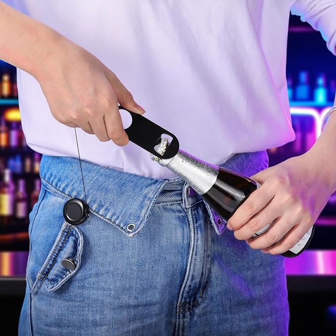 Honoson 8 Pieces Retractable Bottle Opener Bartender Flat Beer Opener with Round Badge Reel Clips Holder for Kitchen Restaurant Home Supplies Party Gifts (Classic,Black and White)